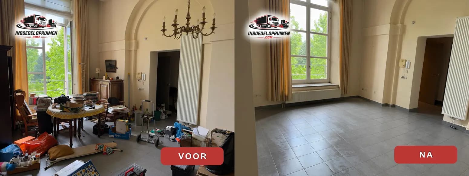 Voor en na woning leegmaken — inboedelopruiming van woonkamer door inboedelopruimen.com