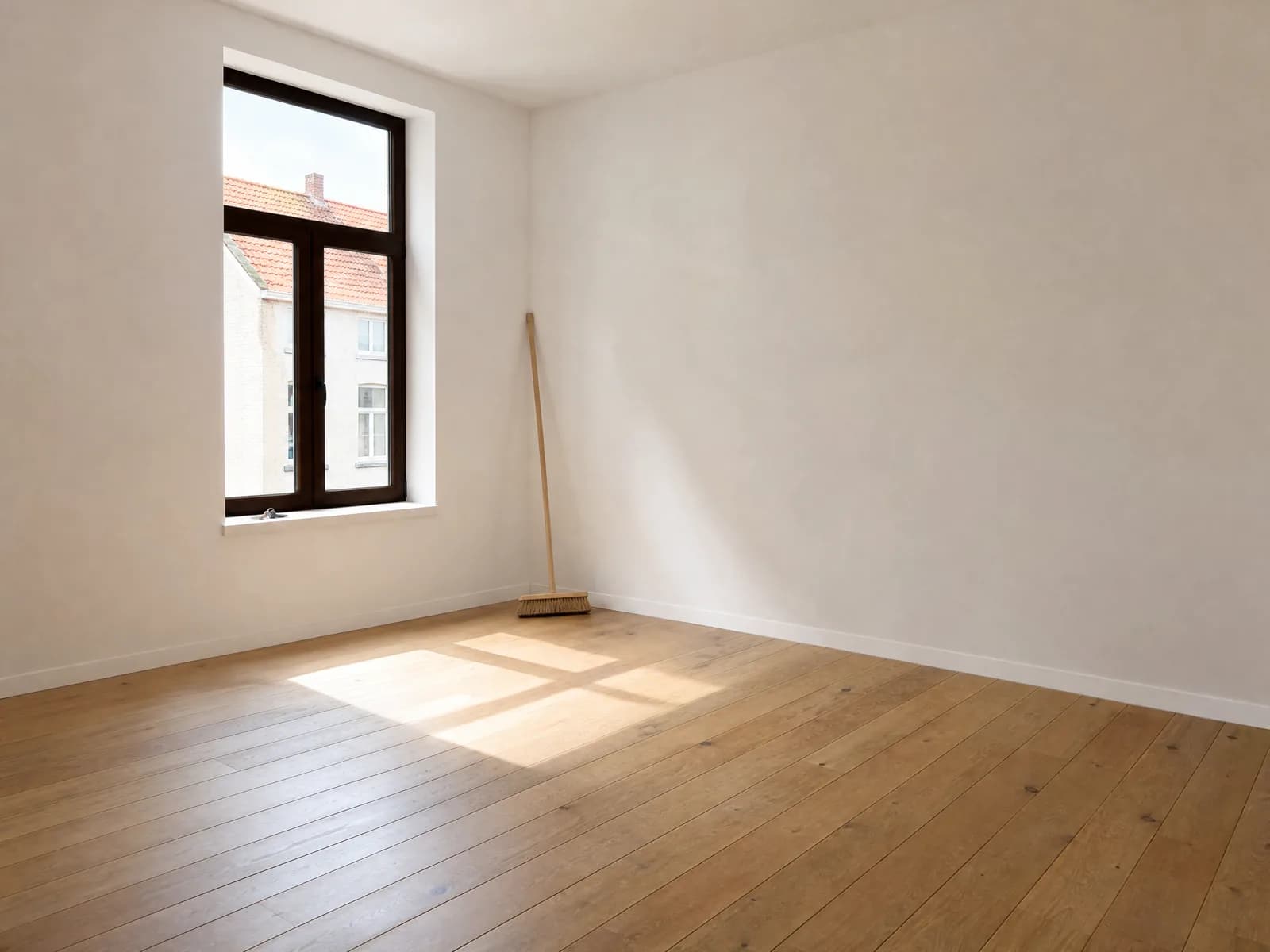 Volledig leeggemaakte kamer met kale houten vloer, een bezem tegen de muur en sleutels op de vensterbank