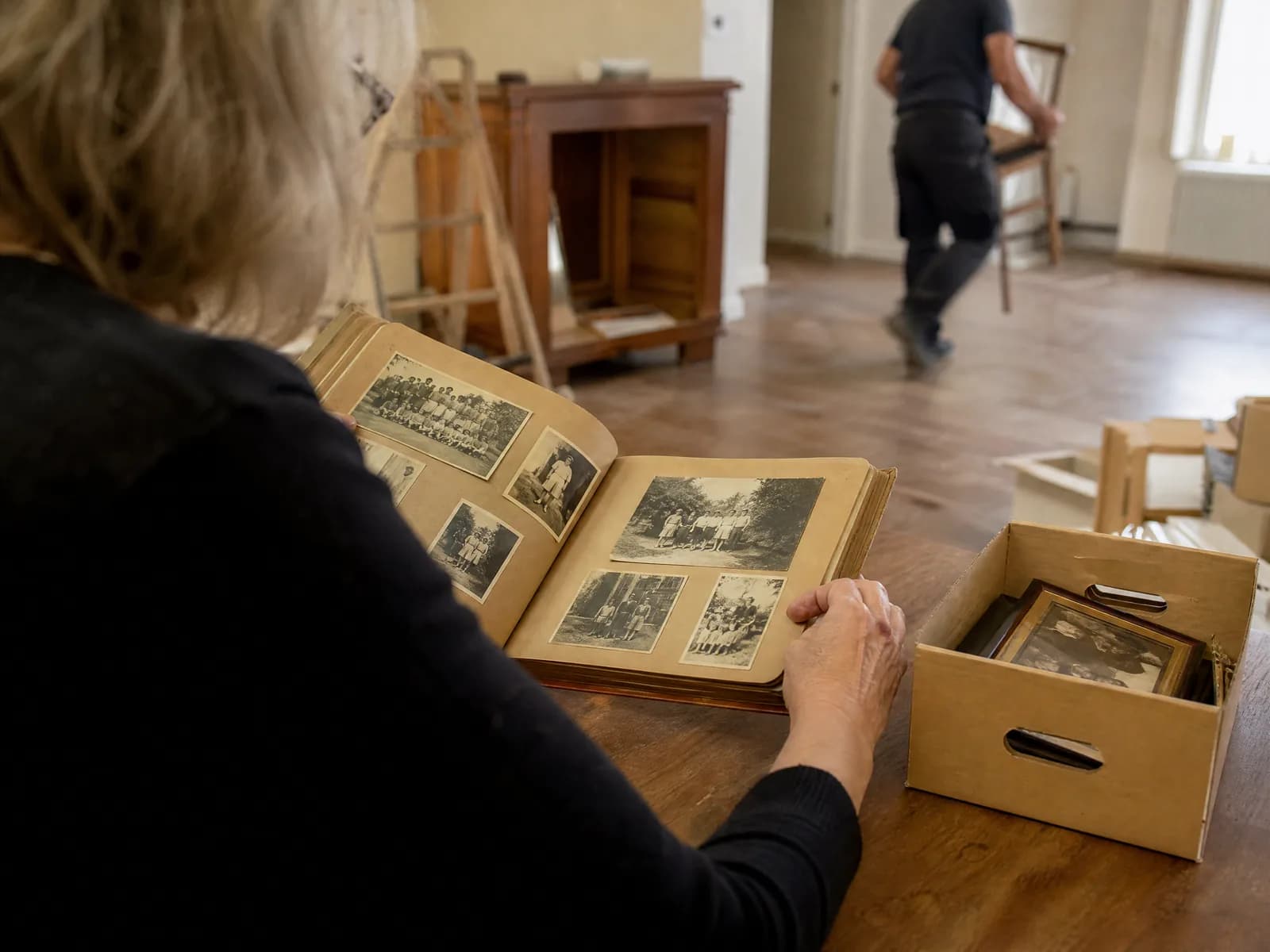 Handen van een oudere vrouw met een fotoalbum aan tafel, naast een doos met foto's en brieven die bewaard blijven