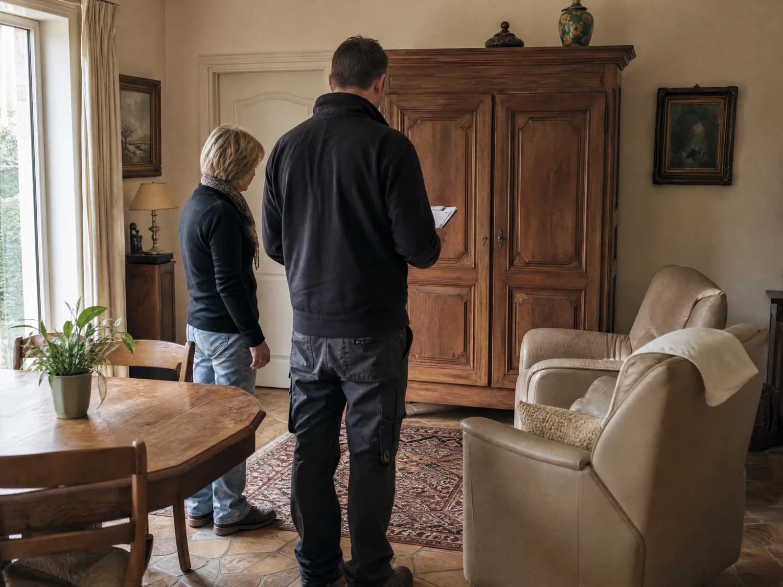 Ploegbaas met klembord en een bewoner bekijken samen een eikenhouten kast tijdens het gratis plaatsbezoek