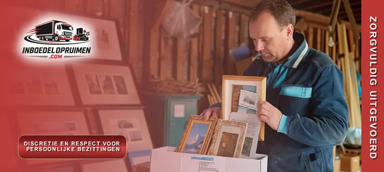 Medewerker sorteert ingelijste foto's en persoonlijke bezittingen zorgvuldig tijdens huis leegmaken in Vlaanderen