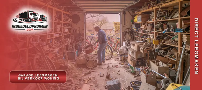 Medewerker sorteert fietsen en gereedschap in overvolle garage tijdens leegmaken bij verkoop van woning in Vlaanderen