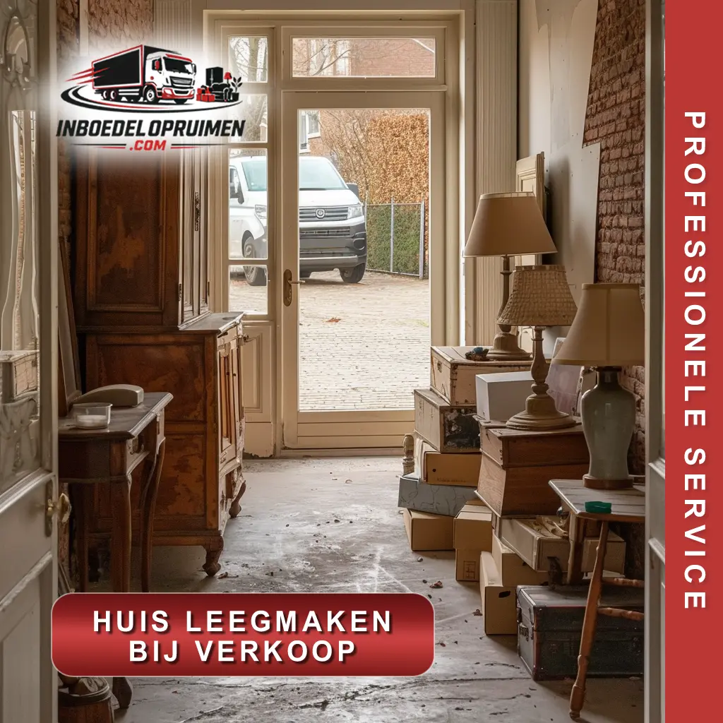 Hal van Vlaamse woning vol met oude meubels en dozen klaar voor professioneel leegmaken bij verkoop
