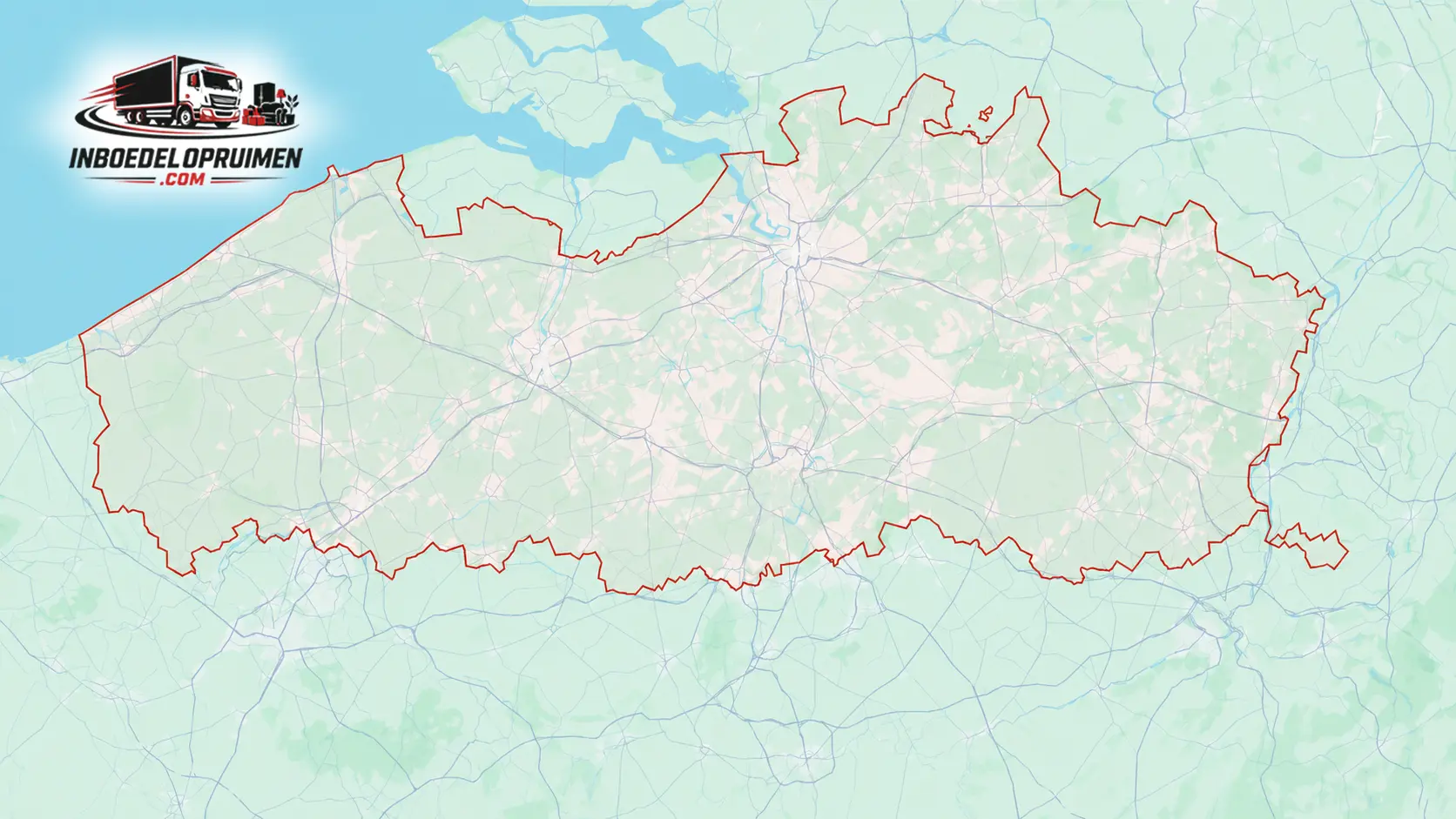 Kaart van Vlaanderen met werkgebied inboedelopruimen.com