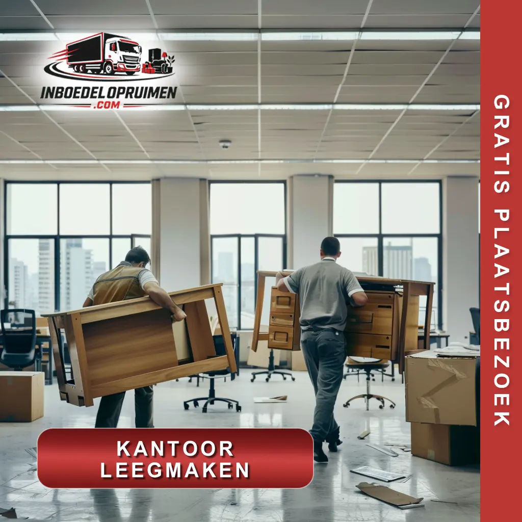 Twee medewerkers dragen kantoormeubels en archiefkasten door leeg open-plan kantoor tijdens professioneel kantoor leegmaken in België