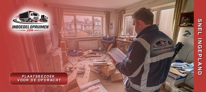Medewerker inspecteert rommelige woonkamer met klembord tijdens gratis plaatsbezoek voor huis leegmaken in Vlaamse woning