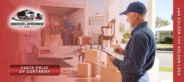 Medewerker noteert vaste prijsofferte op klembord terwijl collega meubels in vrachtwagen laadt tijdens huis leegmaken